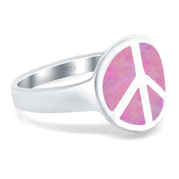 Peace Sign Ring Inlay Round Lab Created Pink Opal 925 Sterling Silver